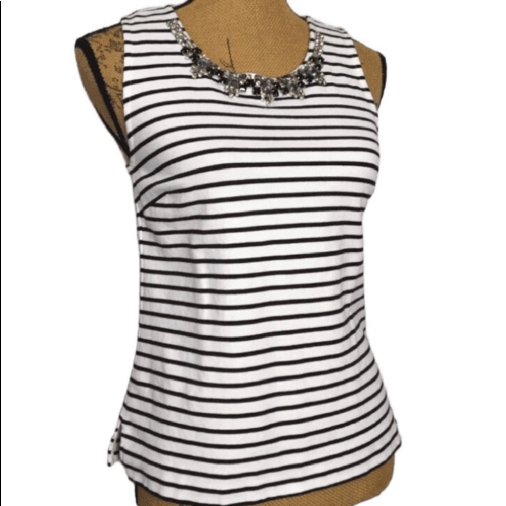 J. Crew White/Black Striped Jeweled Sleeveless Career Office Top XS